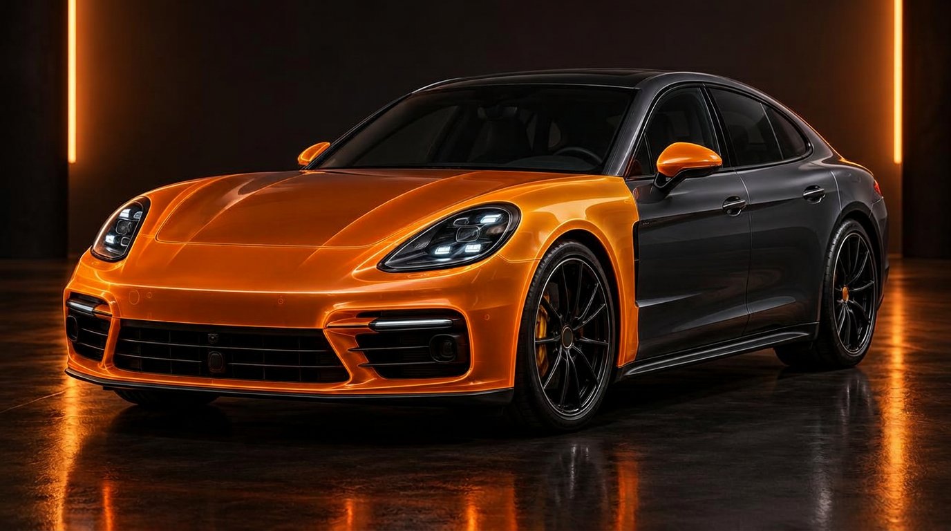 Luxury sedan with glowing orange paint protection film covering the full hood, full front bumper, and complete front fenders.