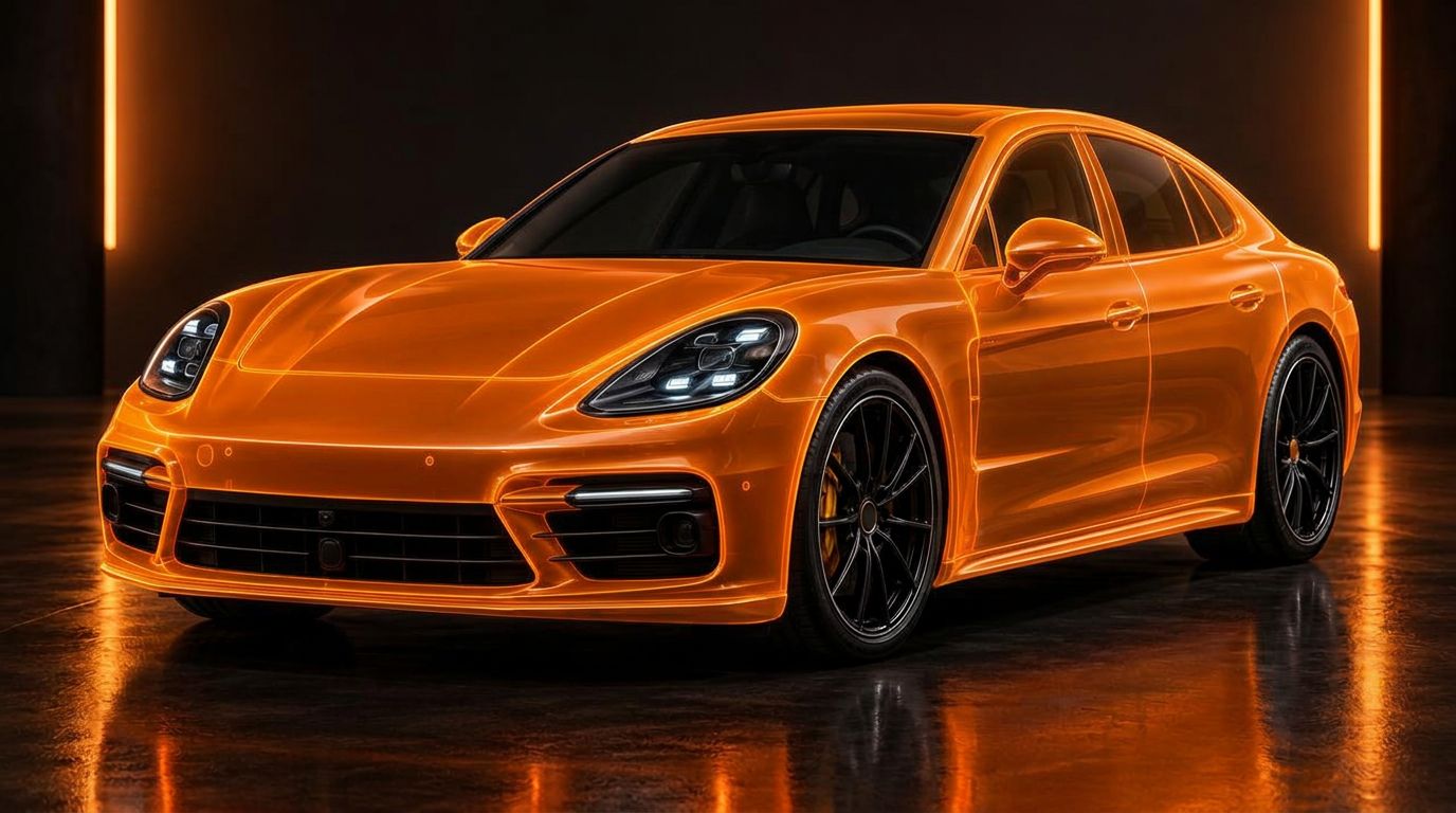 Luxury sedan completely covered in glowing orange paint protection film on every body panel.