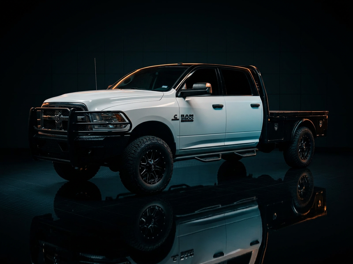 White Ram 2500 flatbed truck with all four door windows and rear glass tinted in Geoshield Carbon film and a gloss black vinyl tuxedo top, shot in a dark studio setting.