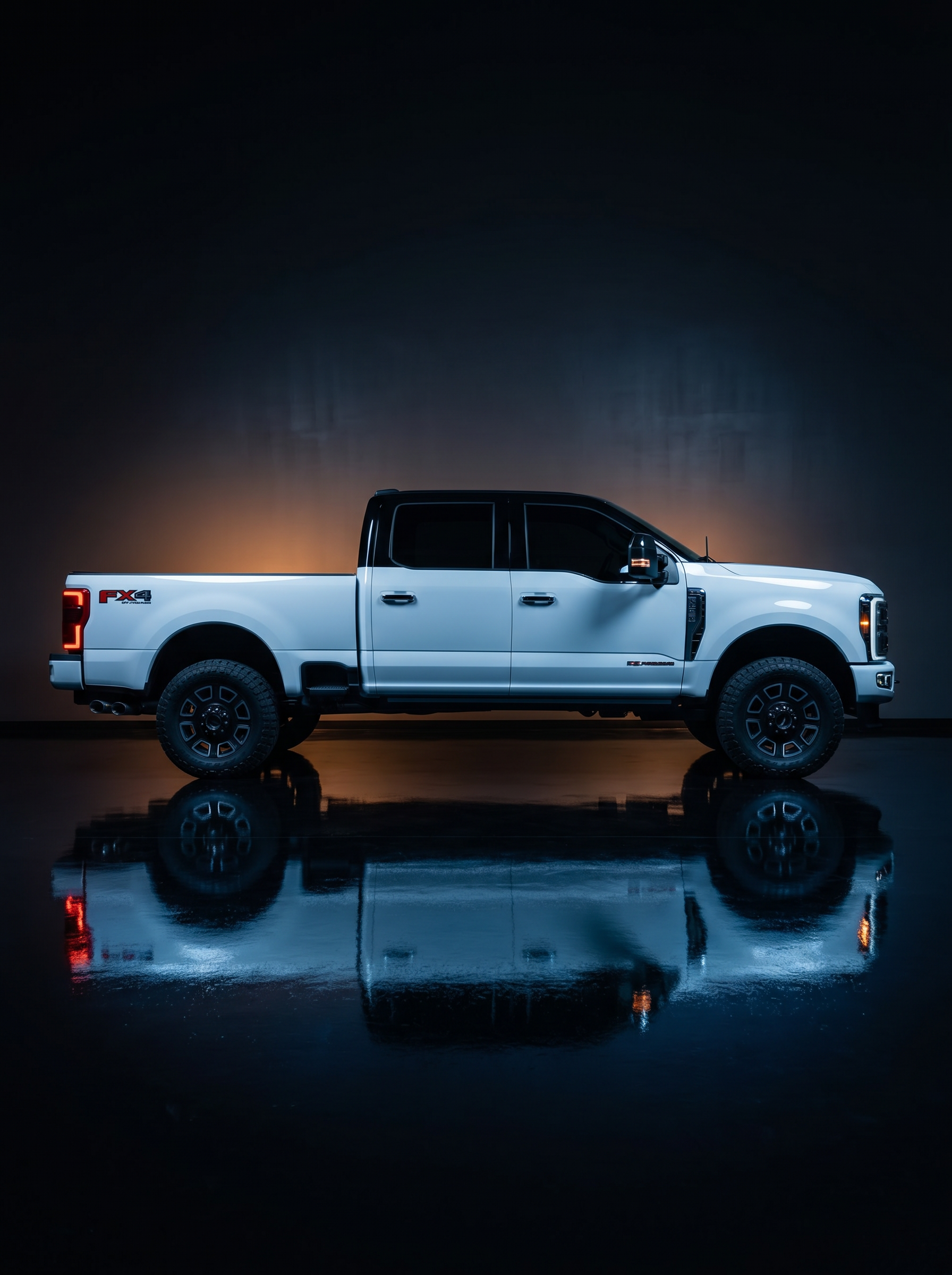 White Ford F-250 Super Duty FX4 Powerstroke side profile with full window tint and a gloss black PPF tuxedo top, backlit by warm ambient light over a reflective black floor.