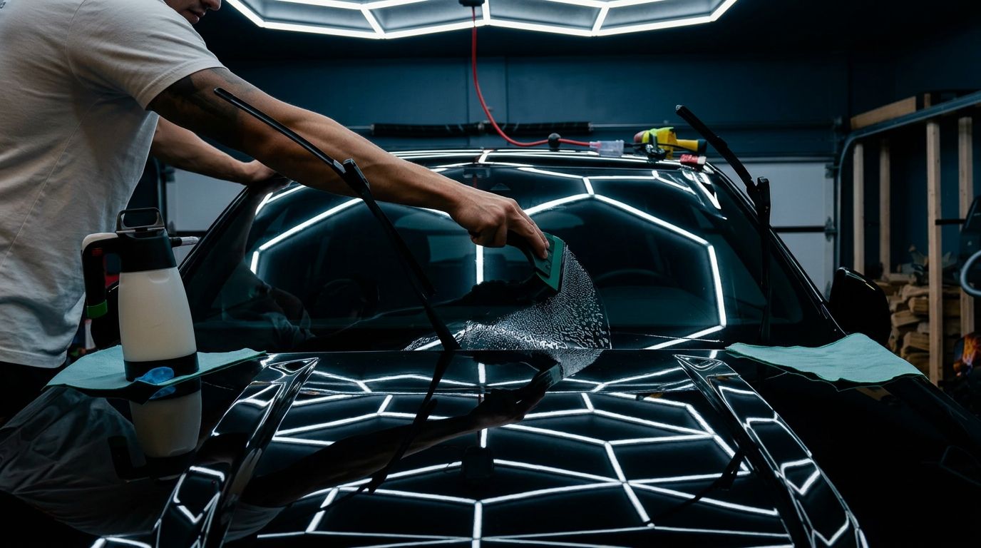 Installer squeegeeing water from a freshly applied windshield protection film under hex lighting in the Shadetec Films bay.