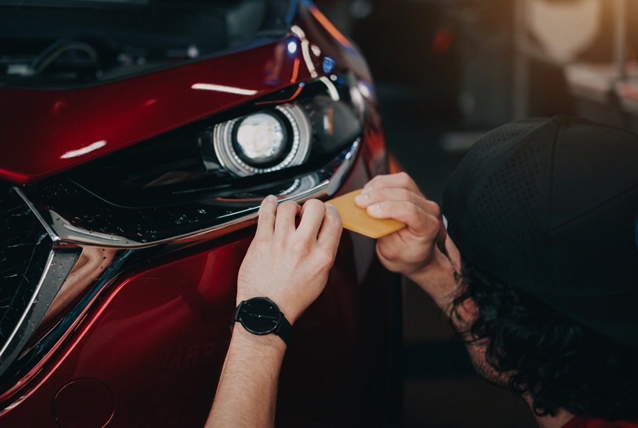 Technician applying paint protection film to a headlight at Shadetec Films in Amarillo, Texas.
