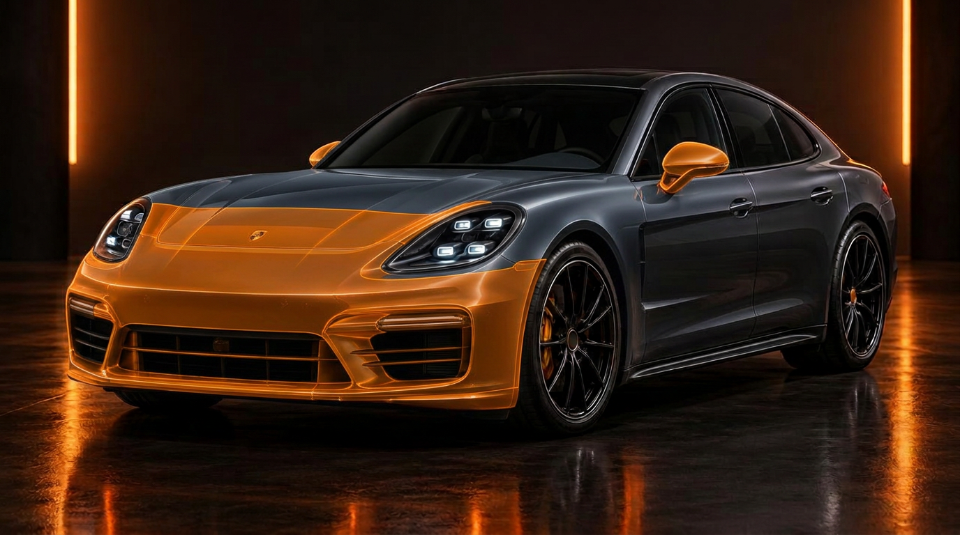 Luxury sedan with glowing orange paint protection film covering the front bumper, partial hood, and front fenders.