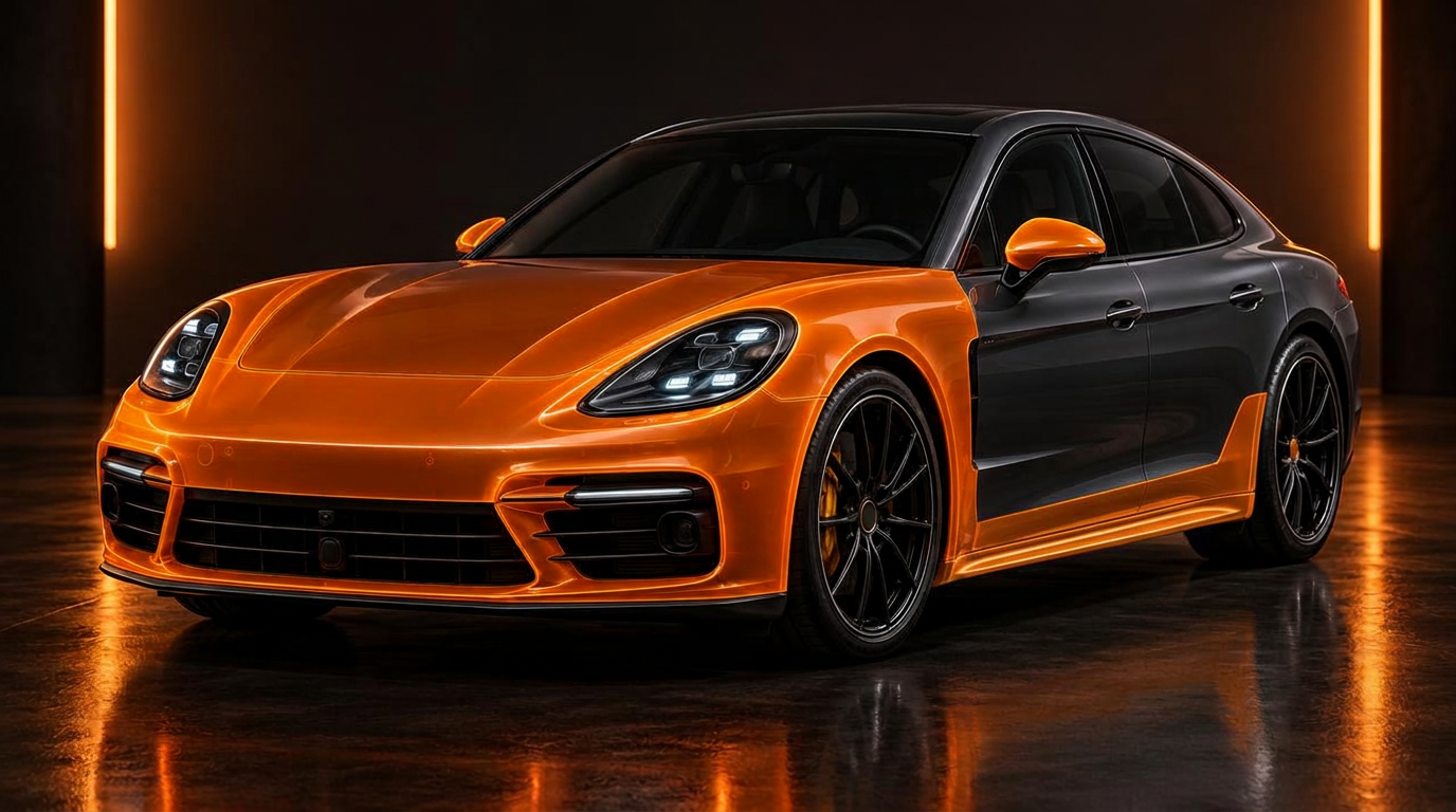 Luxury sedan with glowing orange paint protection film covering the full front end, rocker panels, and lower rear quarter panels.
